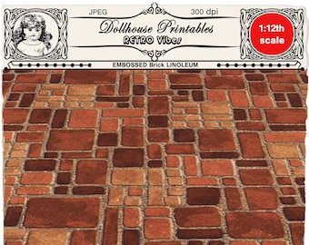 DOLLHOUSE LINOLEUM FLOORING 1970s Retro kitchen brick floor tiles Printable sheet download for 1:12 vintage doll's house diorama roombox