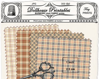 Conjunto de tela escocesa en miniatura para casa de muñecas. Impresiones de tela escocesa en beige y marrón para imprimir en la caja de la habitación del diorama de la casa de muñecas.