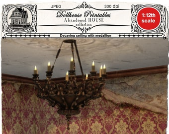 Dollhouse printable DECAYED CEILING w/ medallion & acanthus border Damaged ceiling download for 1/12 miniature abandoned house decor roombox