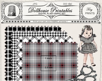 Juego de impresiones de TELA A CUADROS en miniatura para casa de muñecas. Sábanas imprimibles. Descarga de sábanas de tela para colcha de pata de gallo y tartán para modelos pequeños.
