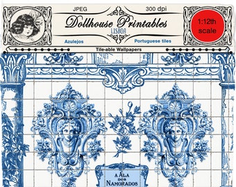 DOLLHOUSE Azulejos Portugiesische Fliesen Miniatur TAPETE Bordüre & Verkleidung Digital sheet download für 1/12th diorama roombox
