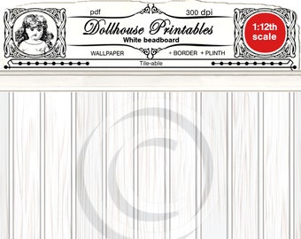 DOLLHOUSE 1/12 Printable Wallpaper White BEADBOARD Wooden planks Cottage chic Rustic style Digital sheet download for Diorama Roombox