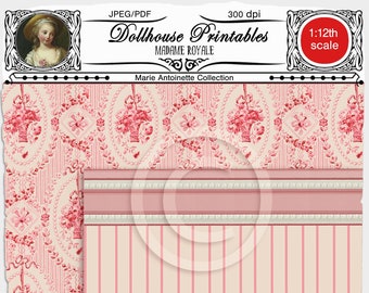 French dollhouse Pink WALLPAPERS & BORDER Set "Madame Royale" Printable miniature wallpaper download for 1/12th book nook diorama roombox