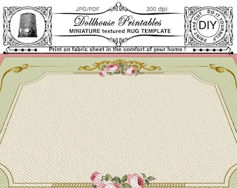 May include: A printable rug template for dollhouses, featuring a textured design with a floral motif. The template is designed to be printed on fabric and includes the text "Dollhouse Printables" and "MINIATURE textured RUG TEMPLATE".
