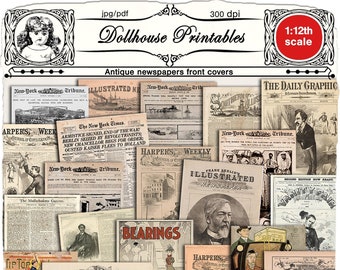 DIY Miniature old NEWSPAPERS STACK Printable newspaper covers Digital template download for 1/12th scale Dollhouse Diorama Roombox Book nook