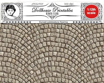 Diorama flooring 1/12 miniature curved COBBLESTONE floor tile Roman street paving Printable sheet download for doll's house, Shelf insert