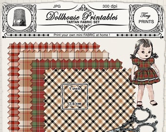 Conjunto de tela escocesa en miniatura para casa de muñecas. Impresiones de tela escocesa en rojo y beige para imprimir en la caja de la habitación del diorama de la casa de muñecas.