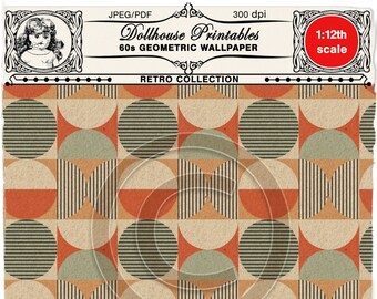 Printable dollhouse mid century WALLPAPER Miniature retro circles wallpaper sheet download for 1/12 doll's house book nook roombox diorama