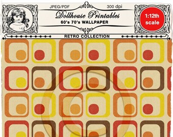 DOLLHOUSE 60's 70's WALLPAPER Miniature retro yellow red wallpaper Printable sheet download for 1/12 doll's house book nook roombox diorama