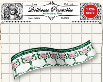 Imprimible ART NOUVEAU azulejos de cocina Victorian Dollhouse Wallpaper w/ Border Descarga digital 1/12 casa de muñecas en miniatura diorama roombox