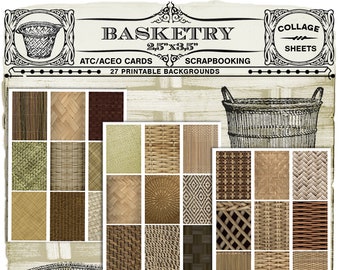 BASKETRY Printable Atc Aceo Backgrounds Wicker Grass Basket Woven Straw Collage Sheet Digital Texture Printable Download Scrapbook c13
