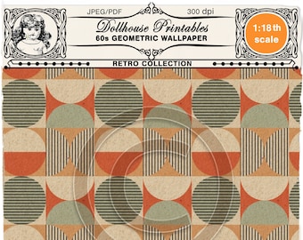 Printable dollhouse mid century WALLPAPER Miniature retro circles wallpaper sheet download for 1/18 doll's house book nook roombox diorama
