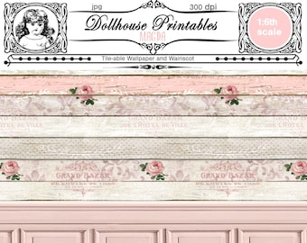 DOLLHOUSE printable Wood plank WALLPAPER with WAINSCOTING Miniature pink wall covering for 1/6th Diorama Roombox Digital sheet download