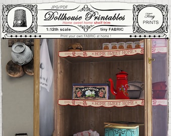 Dollhouse PRINTABLE FABRIC 1:12th miniature kitchen shelf trim Mini border digital TEMPLATE Iron on Transfer for doll house diorama roombox