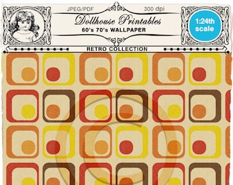 DOLLHOUSE 60's 70's WALLPAPER  Miniature retro yellow red wallpaper Printable sheet download for 1/24 doll's house book nook roombox diorama