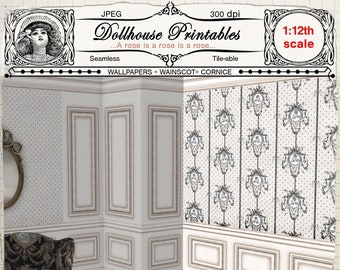 REGENCY Puppenhaus HINTERGRUNDBILDER WALLPAPERS & WAINSCOT Druckbare miniatur Tapete Digitaler Bogen download für 112te Puppenhaus Diorama Roombox Basteln