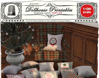 Dollhouse Miniature Christmas PILLOWS COVERS Template Printable Cushion covers Tiny fabric prints Digital download Iron on Christmas decor
