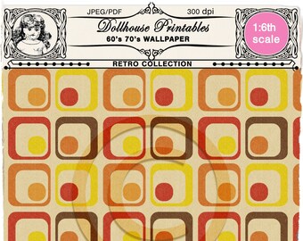 DOLLHOUSE Miniature 60's 70's WALLPAPER Retro yellow red wallpaper Printable sheet download for 1/6 doll's house book nook roombox diorama