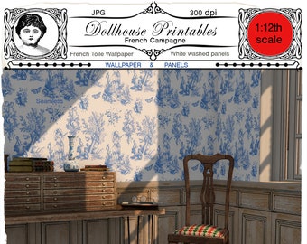 DOLLHOUSE 1/12th Wallpaper Blue Pastoral French Toile with white washed wood wainscot Printable Download Digital Sheet 8,5"x11"