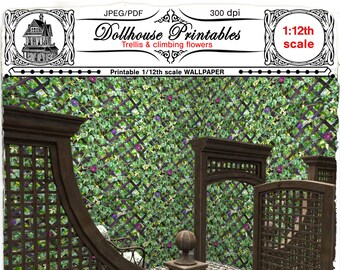 DOLLHOUSE PRINTABLE BACKDROP Trellis wallpaper w/ climbing flowers Greenery scenery for 1/12 miniature conservatory diorama booknook