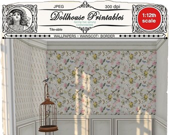 DOLLHOUSE miniature WALLPAPER w/ wainscoting Chinoiserie 1/12th scale Printable wallpaper Digital download for doll's house diorama, roombox