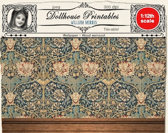 DOLLHOUSE Printable William Morris WALLPAPER Wood Wainscot 1/12 Antique Victorian miniature wallpaper download for Book nook Roombox Diorama