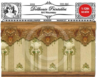 Puede incluir: Un diseño de papel tapiz para casa de muñecas imprimible en estilo Art Nouveau con un patrón verde, blanco y marrón. El papel tapiz es a escala 1:12 e incluye un borde y un zócalo.