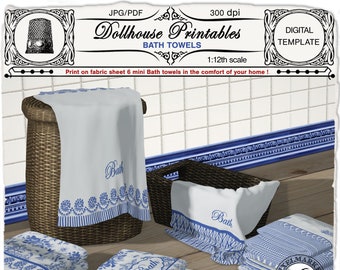 Dollhouse printable MINIATURE BATH TOWELS Digital template to download and print on fabric sheet for 1:12th scale bathroom Diorama Roombox