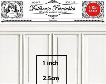 DOLLHOUSE Off-white wood PANEL Printable WAINSCOT wallpaper Miniature wainscoting for 1/12th scale Roombox Diorama Digital sheet download