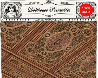 Dollhouse CEILING WALLPAPER Printable decorative miniature wood carved ceiling sheet download for 1/12 doll's house booknook diorama roombox