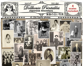 DOLLHOUSE OLD PHOTOGRAPHS Printable Japanese family pictures B&W Sepia portraits 4 scales included for miniature decor Diorama Booknook