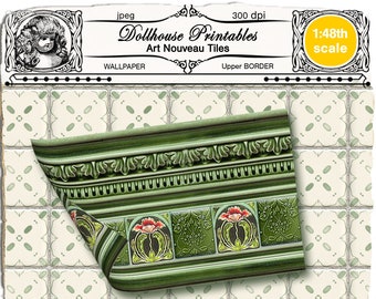 Quarter scale Dollhouse ART NOUVEAU Kitchen Wallpaper with Border Printable Victorian tiles for 1/48 doll's house diorama roombox book nook