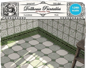 French Victorian Kitchen diorama flooring ART NOUVEAU printable green Floor Tile with Baseboard download for Half scale Dollhouse Roombox