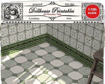 DOLLHOUSE Art Nouveau Kitchen floor tile Green Flooring w/ Elegant Baseboard Printable wallpaper download for 1/12 Miniature Diorama Roombox