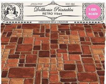 DOLLHOUSE LINOLEUM FLOORING 1970s Retro kitchen brick floor tiles Printable sheet download for 1:6th vintage doll's house diorama roombox