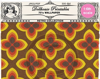 DOLLHOUSE 70's Miniature retro orange & yellow wallpaper Floral WALLPAPER Printable sheet download for 1/6 doll's house roombox diorama