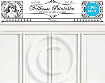 Half inch Miniature wood PANEL Printable WAINSCOT wallpaper Off-white wainscoting for 1/24 Roombox Diorama Digital sheet download