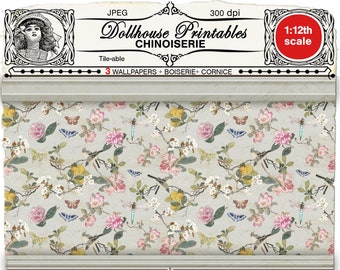 Chinoiserie Charm: 1/12 Scale Dollhouse Wallpaper Set with Wainscoting - Printable Download for Doll's House, Diorama, and Roombox