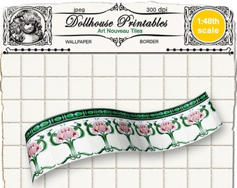 ART NOUVEAU DOLLHOUSE azulejos de cocina Papel pintado victoriano imprimible con elegante hoja de borde descarga para 1/48 decoración en miniatura diorama roombox