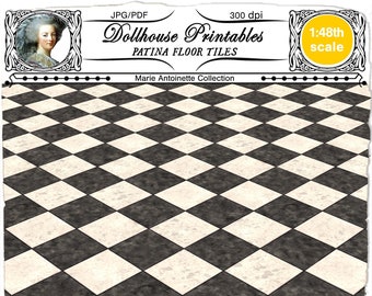 DOLLHOUSE FLOORING with patina 1/48th Black & Ivory Checkered diamond Floor tiles Printable sheet download for Diorama Roombox DIY Book nook