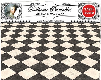 DOLLHOUSE FLOORING with patina 1/12th Black & Ivory Checkered diamond Floor tiles Printable sheet download for Diorama Roombox DIY Book nook