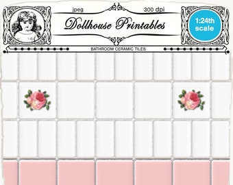 DOLLHOUSE 2 miniature wallpapers Pink & white wall tiles Digital download Printable sheet for 1/24 Doll's house Bathroom, Diorama, Roombox