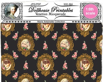 DOLLHOUSE "Venetian Masquerade" 1/12 Black WALLPAPER w/ golden medallions Printable sheet download for Doll's house Roombox Diorama Booknook