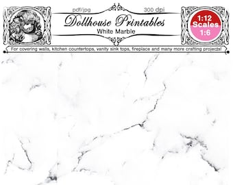 Dollhouse printable Miniature White Marble wallpaper for covering wall, floor, kitchen countertop, vanity sink top, shelf, fireplace