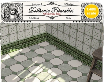 1/48 DOLLHOUSE Art Nouveau Kitchen floor tile Green Flooring w/ Elegant Baseboard Printable wallpaper download for Miniature Diorama Roombox