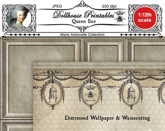 Queen Bee Set: Weathered ROCOCO Wallpaper w/Panels Distressed miniature honeycomb wallpaper Printable download for 1/12 Dollhouse diorama