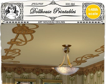 Dollhouse Art Nouveau CEILING WALLPAPER Printable miniature ceiling Instant download for 1/48 Arts & Crafts doll's house booknook roombox