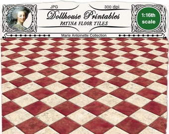 DOLLHOUSE FLOORING with patina 1/16th Red & Ivory Aged diamond Floor tiles Printable sheet download for Diorama Roombox DIY Book nook