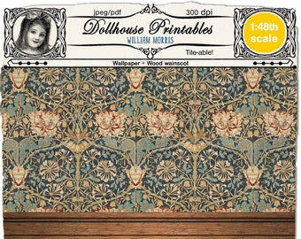 DOLLHOUSE Printable William Morris WALLPAPER Wood Wainscot 1/48 Antique Victorian miniature wallpaper download for Book nook Roombox Diorama