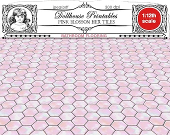 DOLLHOUSE HEX Floor Tiles Printable SMALL Pink Hexagonal floor tiles Miniature Bathroom flooring Download for 1/12 Diorama Roombox Booknook